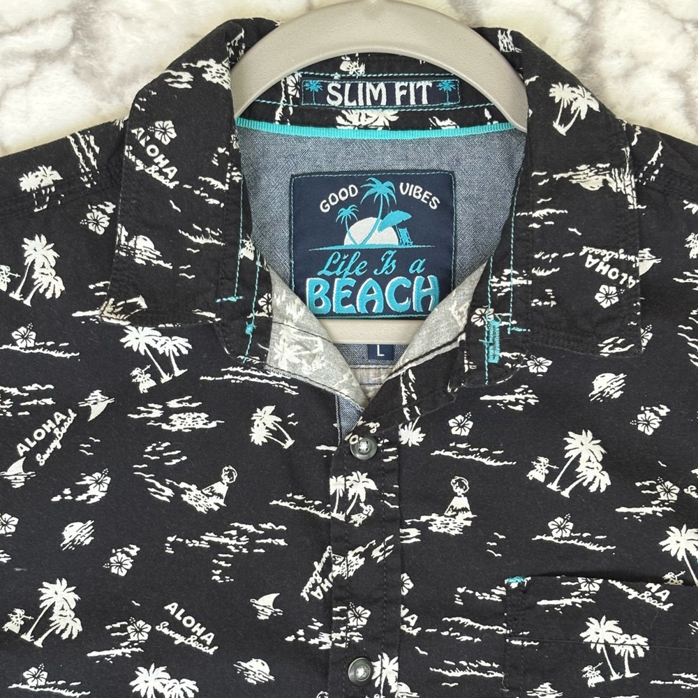 GOOD VIBES Aloha Shirt Men’s L Black Slim Fit White Palms Sharks Life is a Beach - Picture 2 of 5